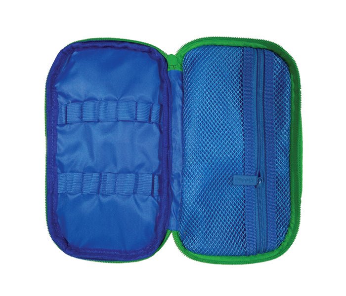  Interior view of the empty Smily Kiddos blue pencil case with slots and mesh compartments.