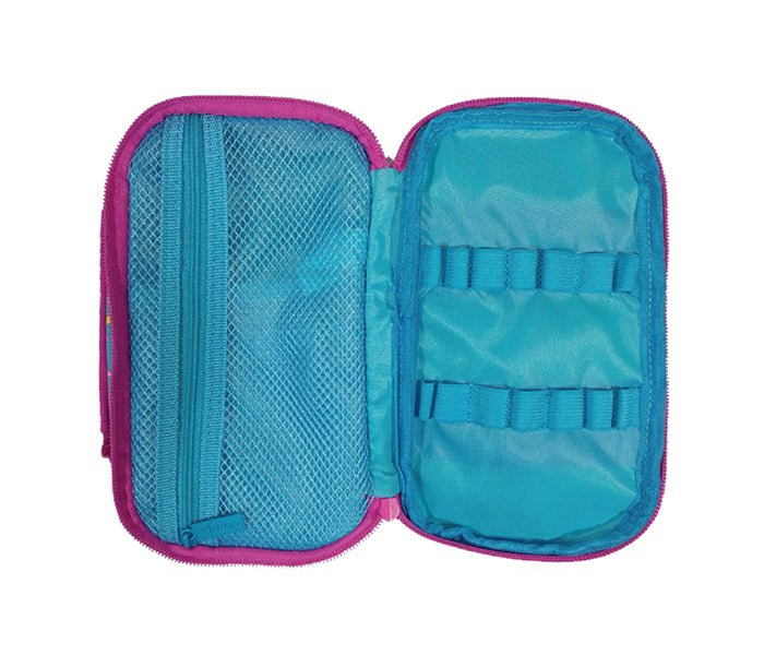 Open view of empty Smily Kiddos light blue pencil case with mesh and pen slots.
