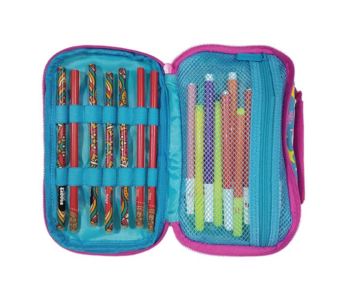  Full open view of Smily Kiddos multipurpose pencil case displaying compartments.