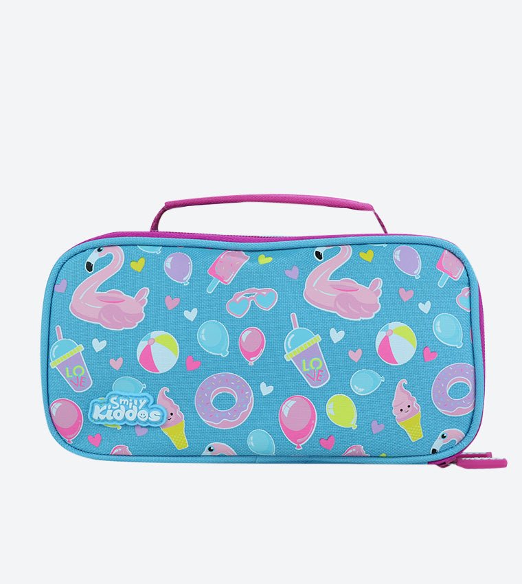 Front view of Smily Kiddos light blue multipurpose pencil case by Yellow Bee.