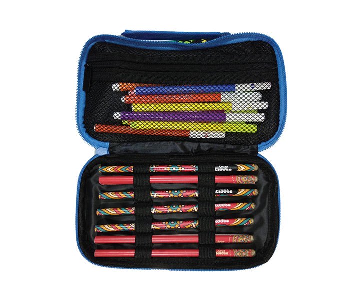 Open Smily Kiddos Multipurpose Pencil Case in Black showcasing internal mesh compartments filled with colorful stationery.