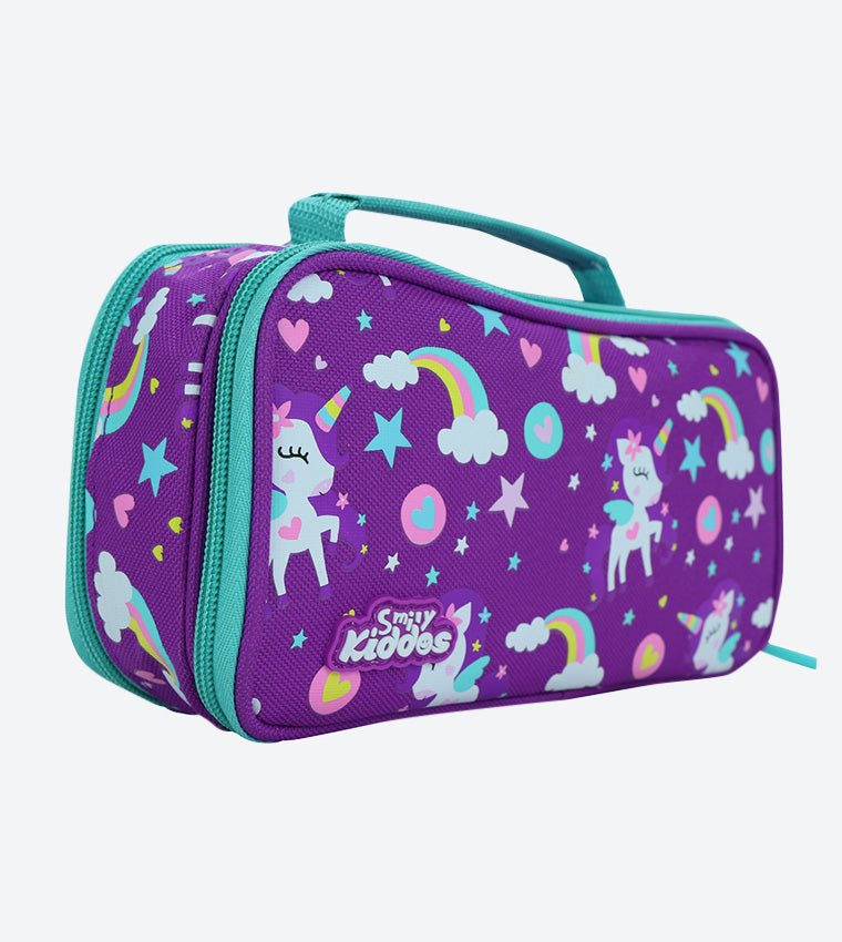 Side View Of Smily Kiddos purple multipurpose pencil case with fairy and stars design.