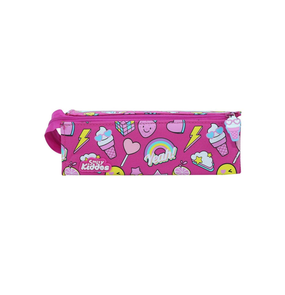 Front View of Smily Kiddos Pink Tray Pencil Case with Graphics.