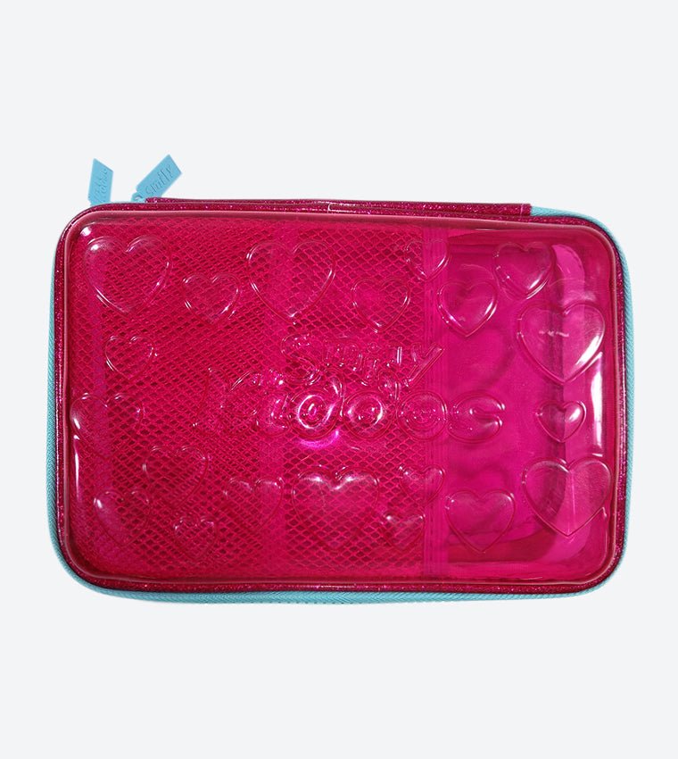  Top view of the Smily Kiddos Pink PVC Pencil Case showing the embossed heart pattern and quality zipper.
