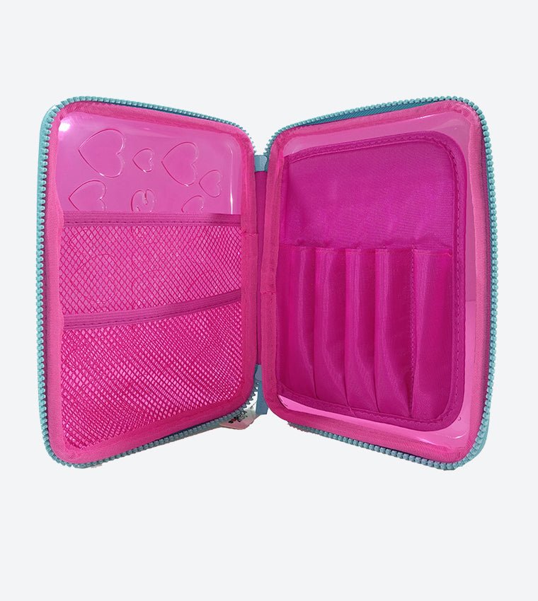 Open Smily Kiddos Pink PVC Pencil Case showcasing its spacious interior and organizing compartments.