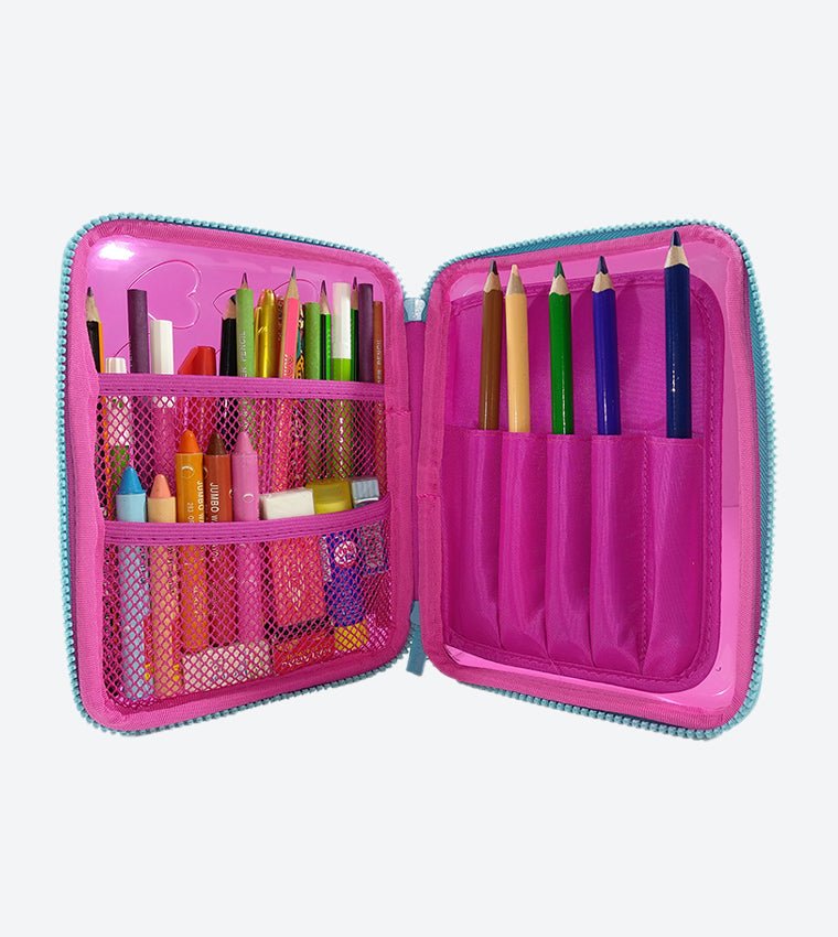 Full view of the Smily Kiddos Fancy Pink PVC Pencil Case by Yellow Bee.