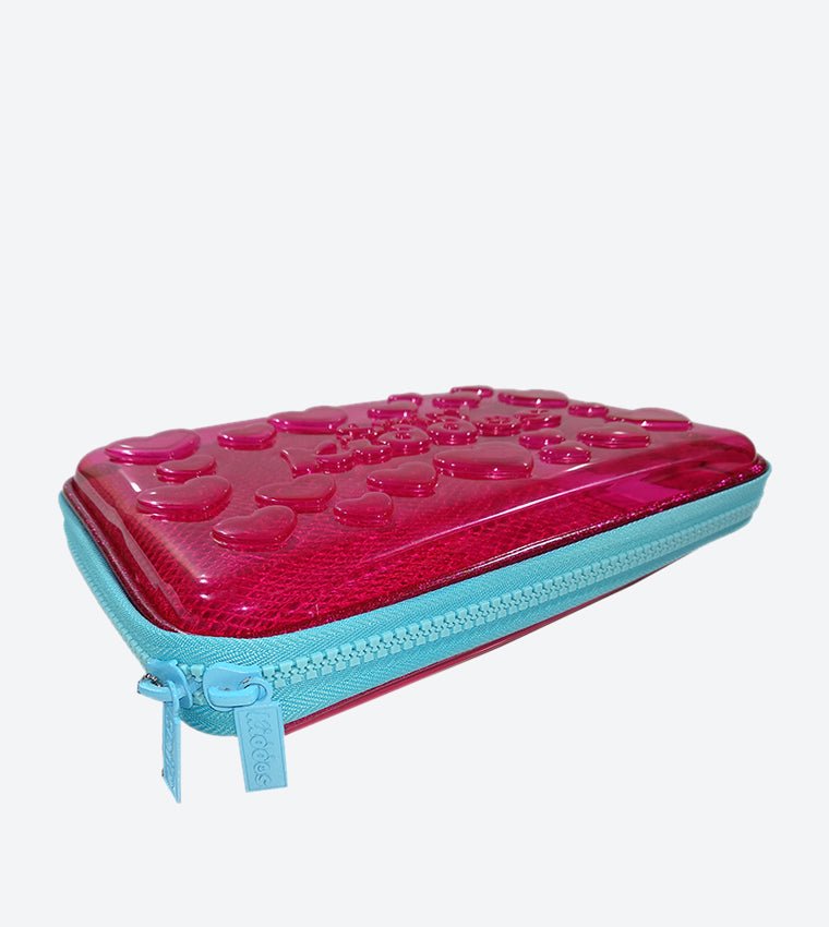 Side view of Smily Kiddos Pink PVC Pencil Case highlighting its slim profile and sturdy design.