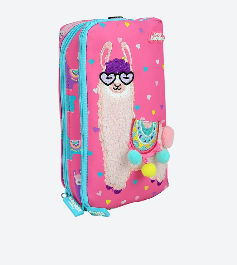 Front view of Smily Kiddos Pink Pom Pom Detail Dido Pencil Case with sheep applique