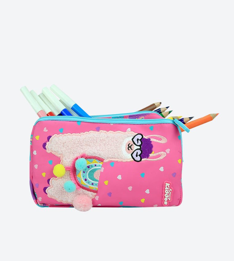Open view of Smily Kiddos Pink Pom Pom Detail Dido Pencil Case showing compartments