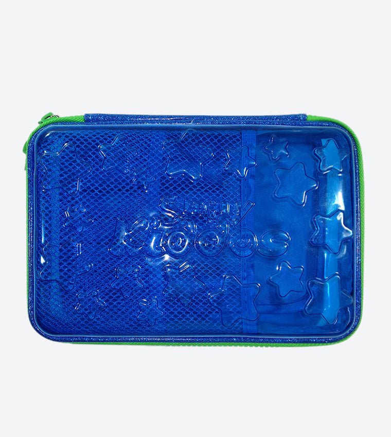 Front view of Smily Kiddos Sapphire Shine Pencil Pouch in vibrant blue with zip closure.