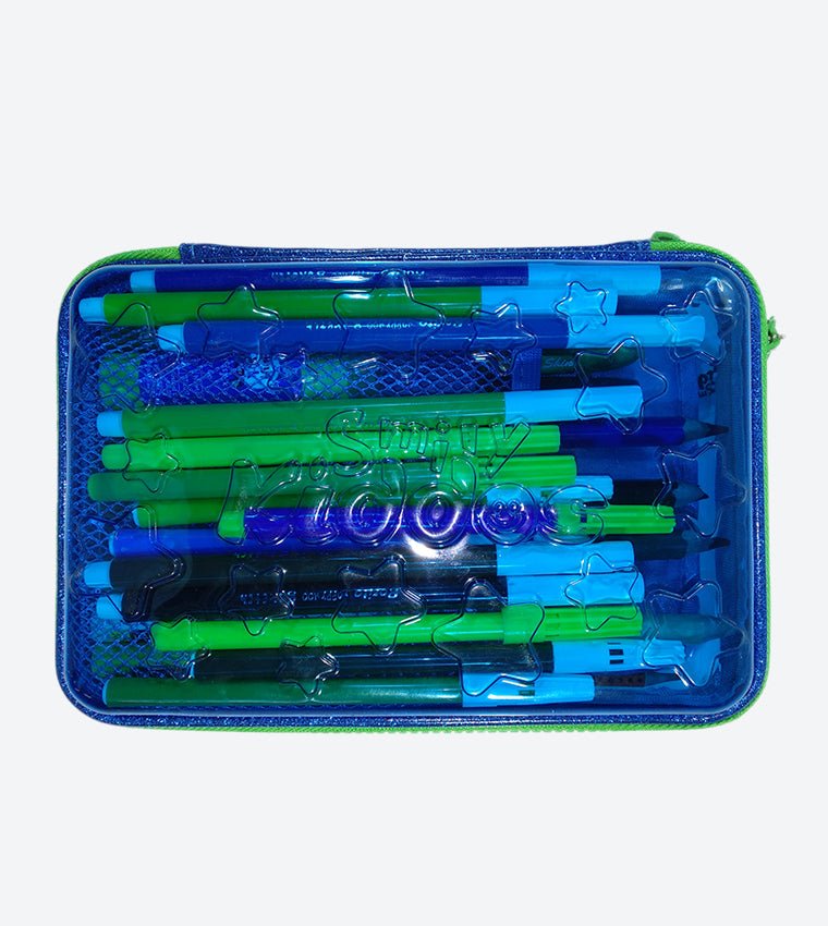 Smily Kiddos Sapphire Shine Pencil Pouch in blue, displayed with packaging.