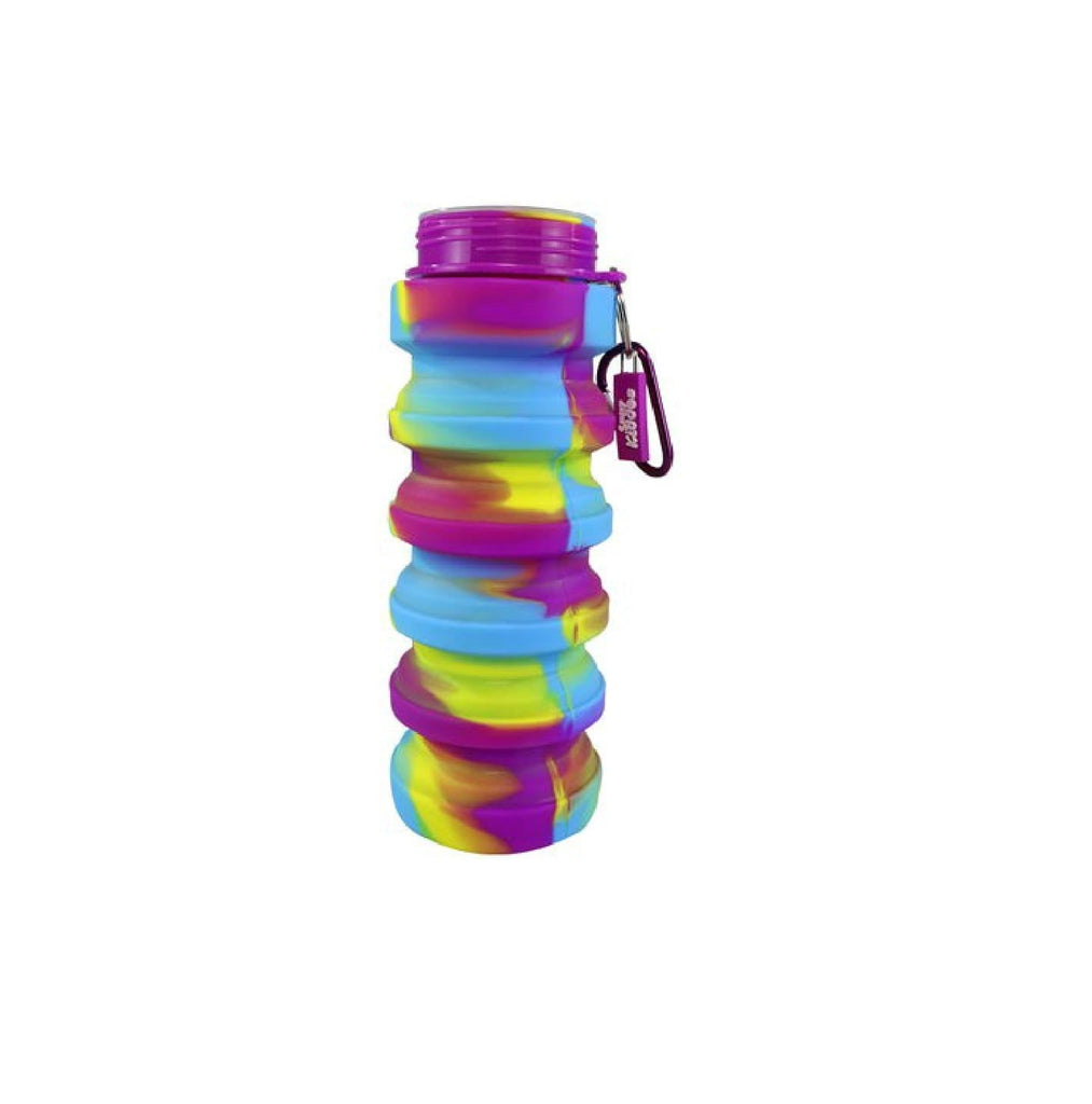 Display of Smily Kiddos Expandable & Foldable Water Bottle in Purple and Pink