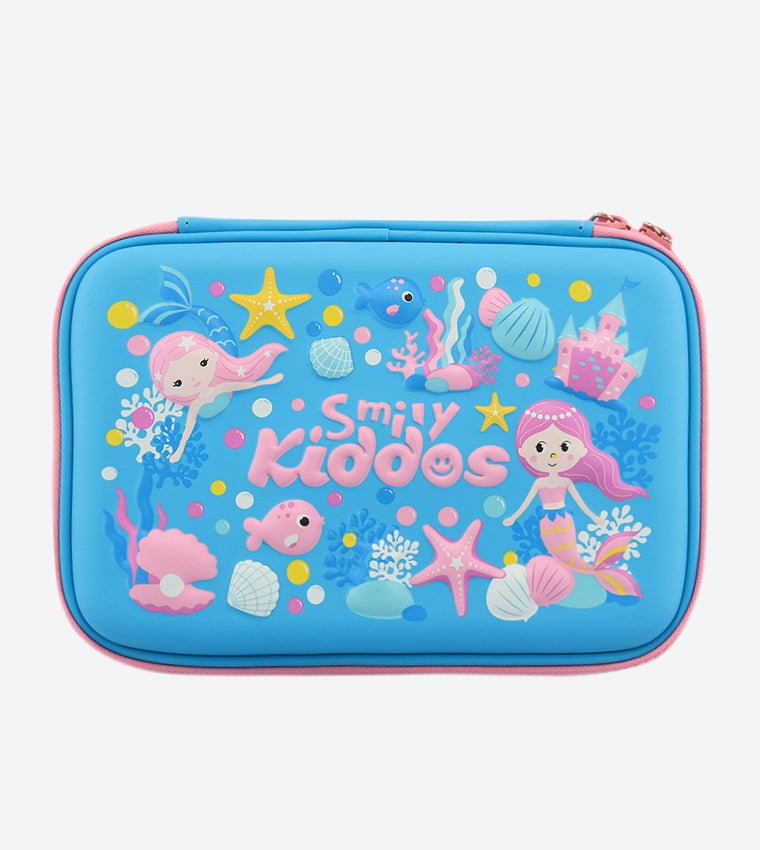 Front view of Smily Kiddos Light Blue Pencil Case featuring ocean theme design