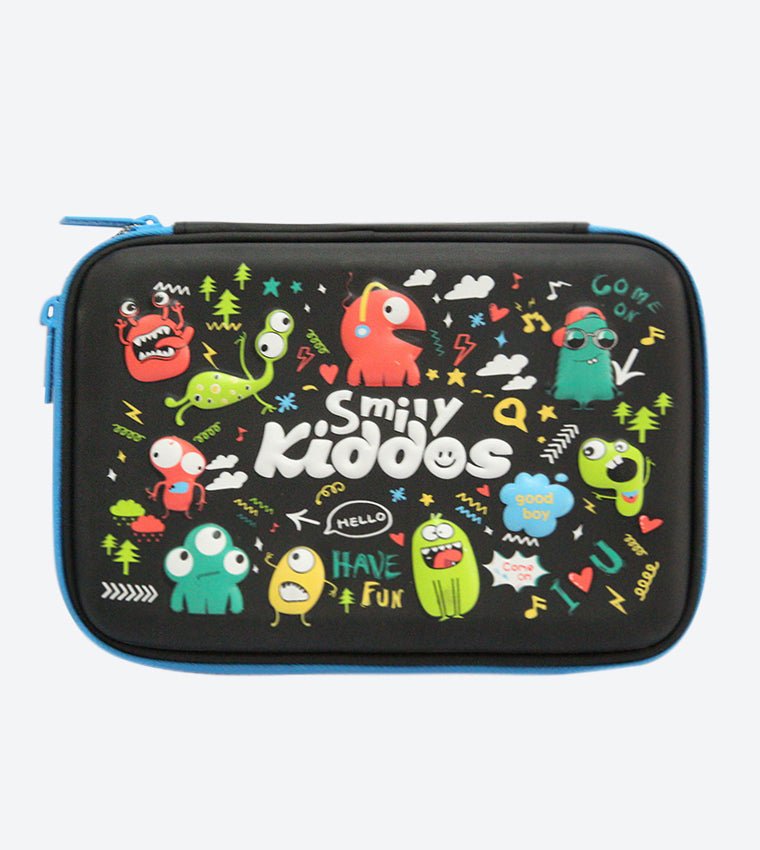 Full view of Smily Kiddos Single Compartment Pencil Case in Black showcasing its sleek design and sturdy build.