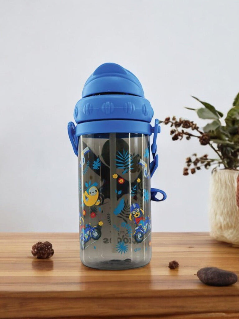 Smily Kiddos Sipper Water Bottle in Black - Easy-to-Clean, Pop-Up Straw, Cartoon Design