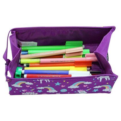Open View of Smily Kiddos Purple Tray Pencil Case with Stationery