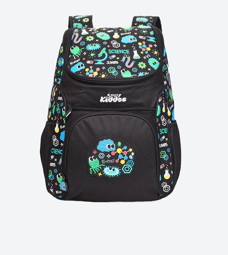  Frontal showcase of Smily Kiddos U-Shape Backpack in Black with vibrant science print, zippered pockets, and logo.