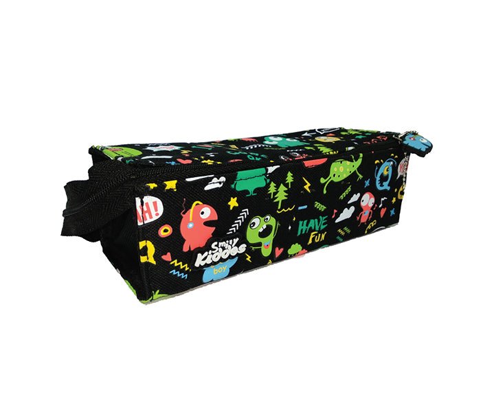 Back view of the black Smily Kiddos Tray Pencil Case with fun graphics by Yellow Bee.