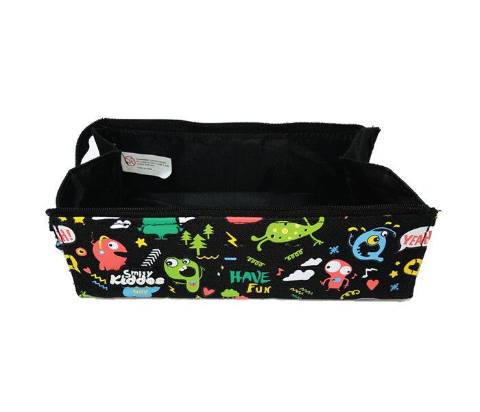 Full view of the open black Smily Kiddos Tray Pencil Case filled with stationery.