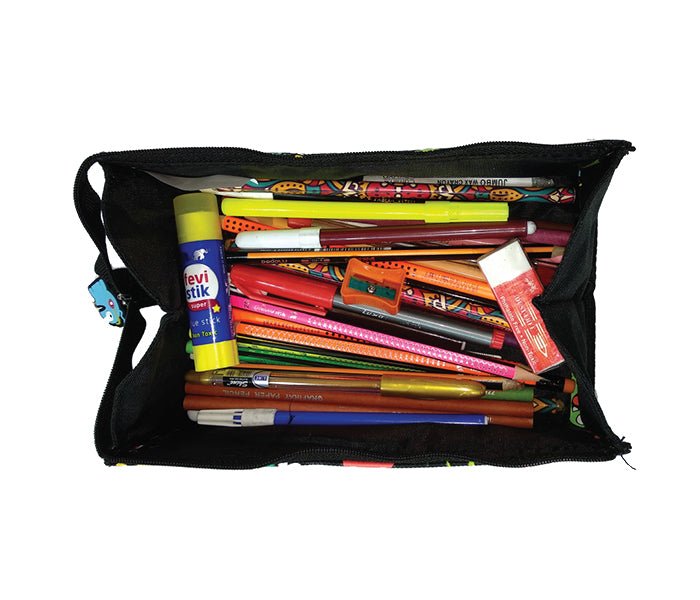 Packaging view of the black Smily Kiddos Tray Pencil Case with vibrant designs.
