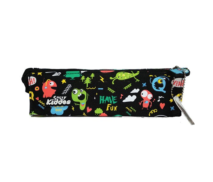 Front view of the black Smily Kiddos Tray Pencil Case with colorful monster graphics.