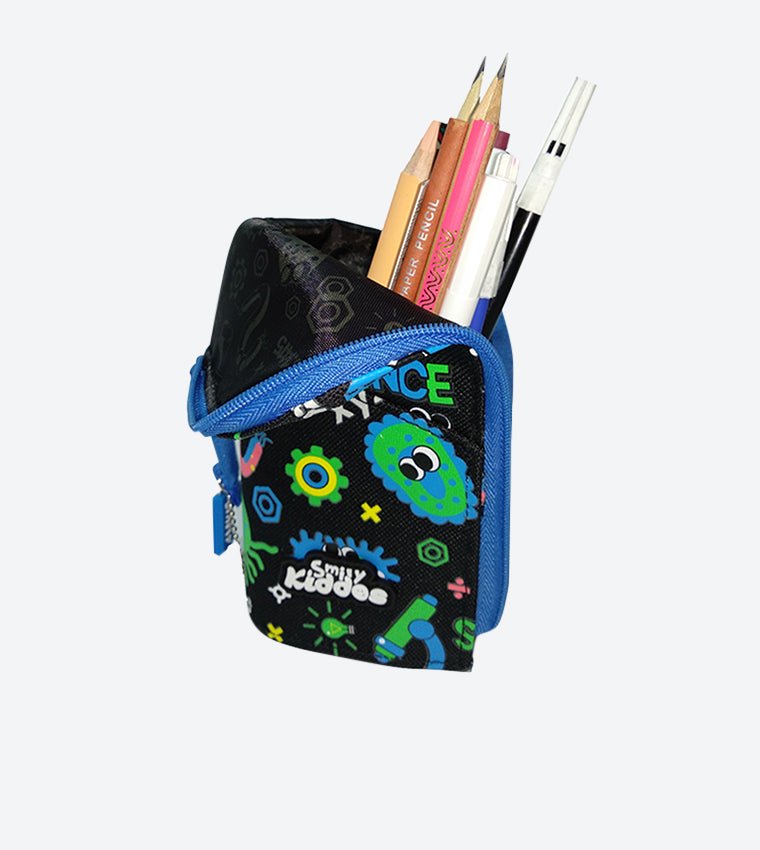 Smiling kid holding Trendy Pen Holder Case by Yellow Bee - Smily Kiddos, perfect for school supplies.