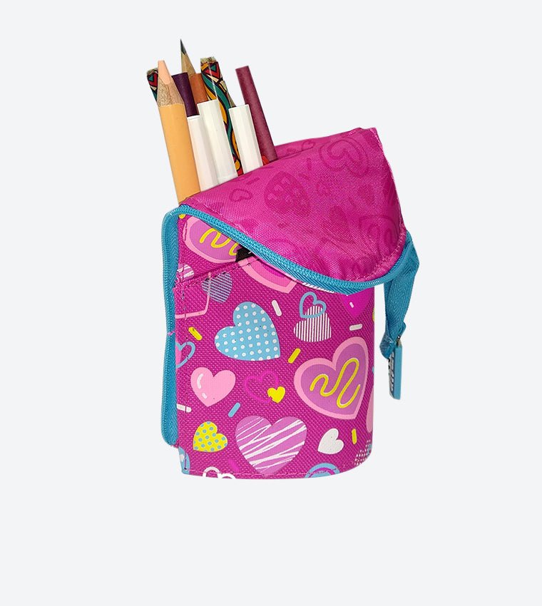 Open Smily Kiddos Pink Pen Holder Case Filled with Supplies