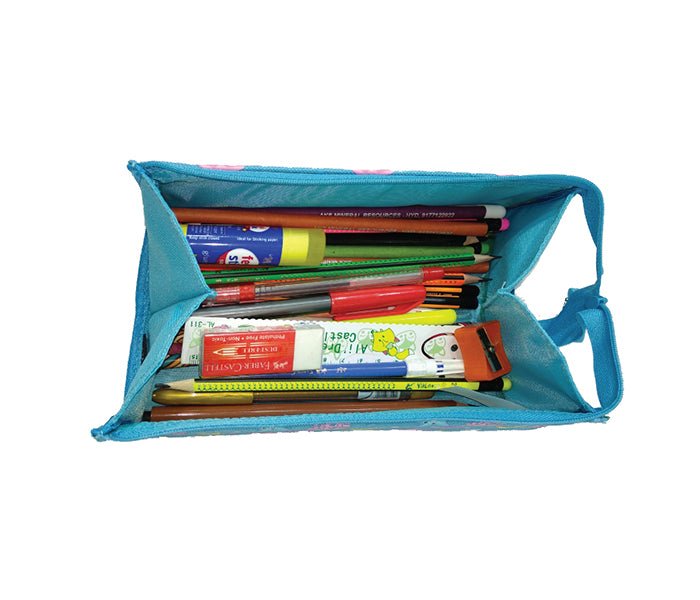 Full View of Smily Kiddos Aqua Pencil Case with Stationery Items Inside