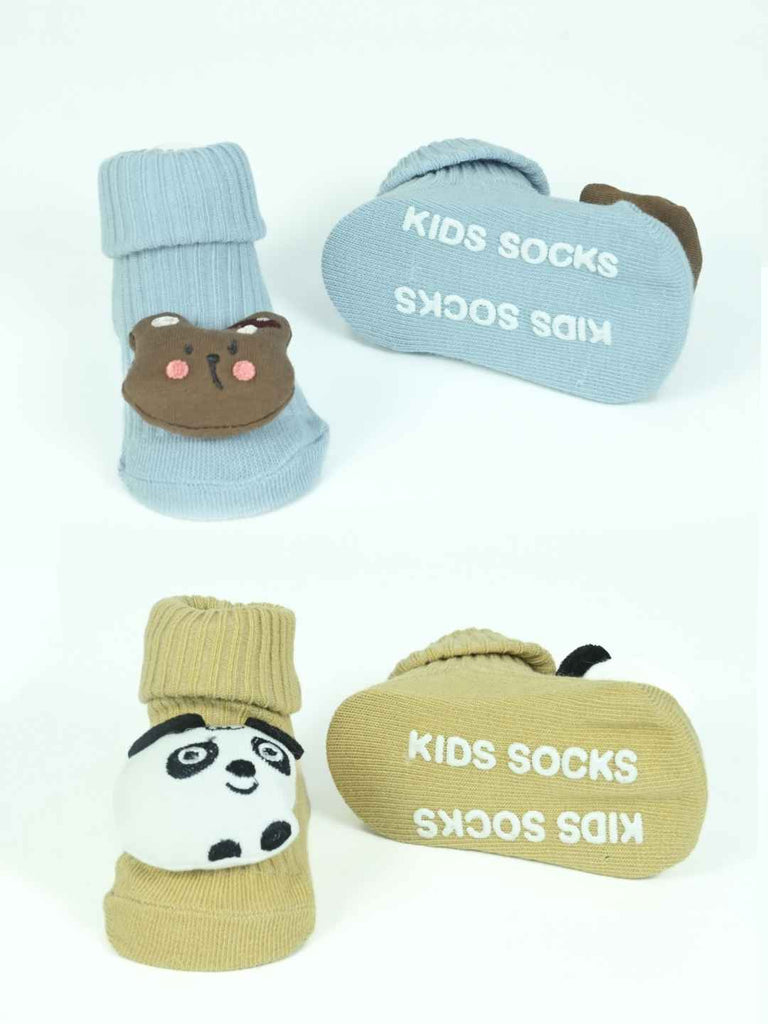 Snuggle Critters Baby Socks Pack – Panda & Bear Face Socks in Gentle Knit Fabric-Front & Back View