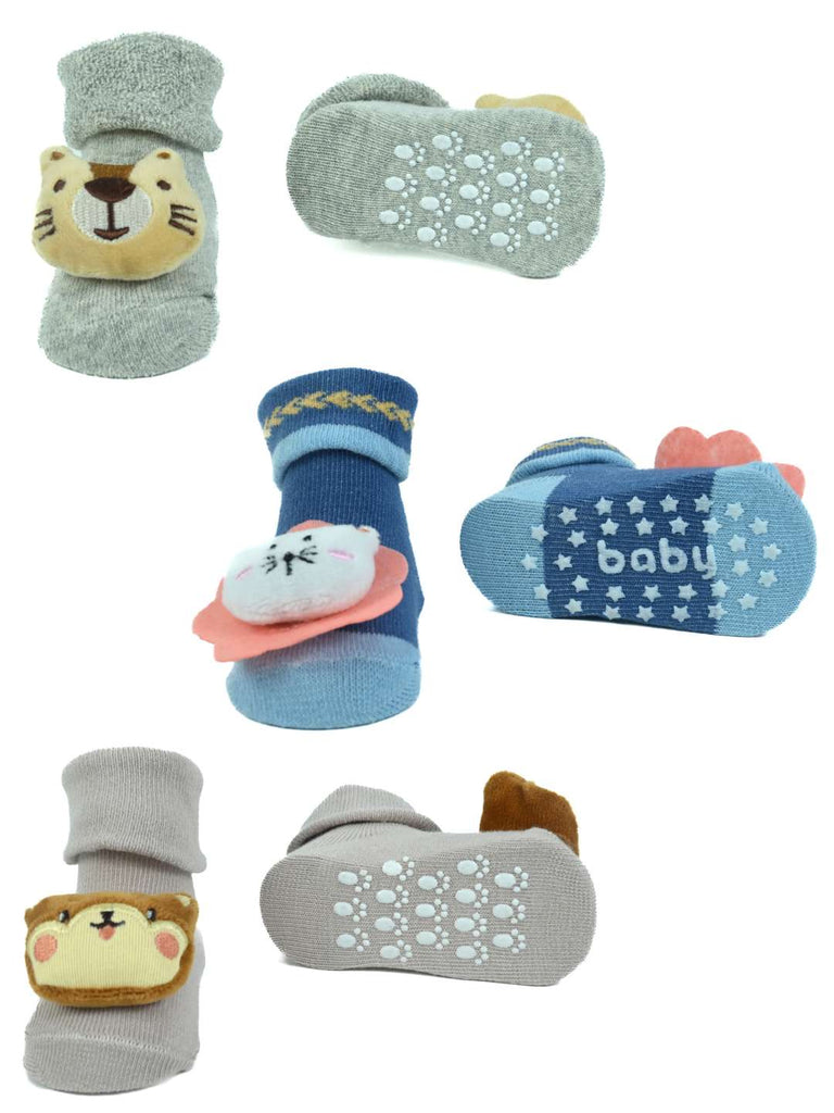 Snuggle Friends Baby Booties – Kitty, Tiger & Bear Characters for Cozy Little Feet-Front & Back View
