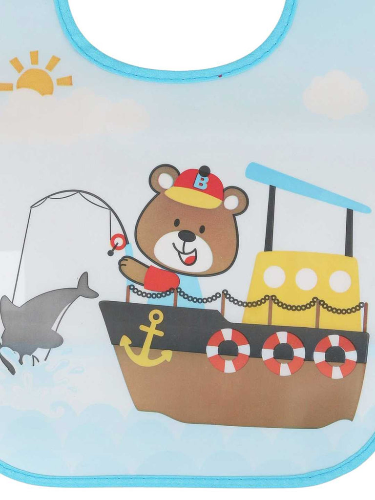 Soft Bib – Fisher Bear on Boat with Shark Design - Close Up View(i)