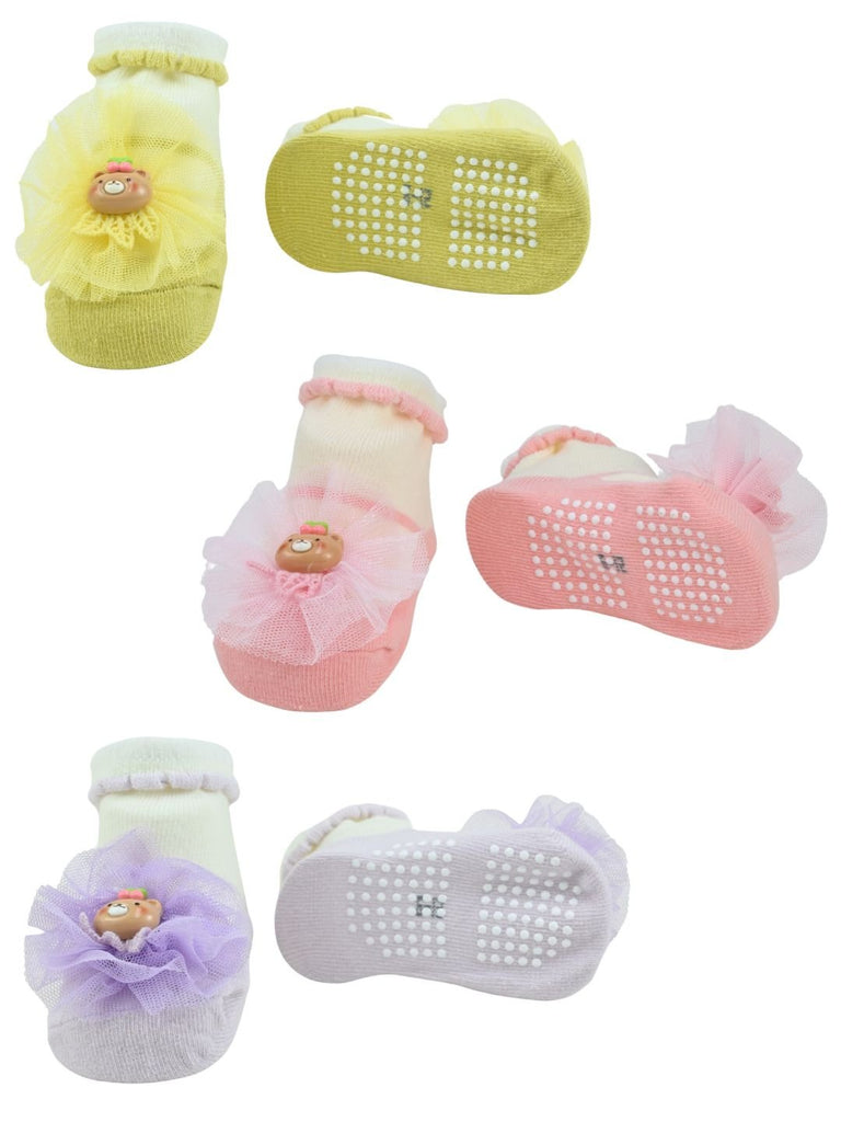 Soft Cotton Baby Girl Socks Set with Bear & Flower Design - Multi - Front & Back View