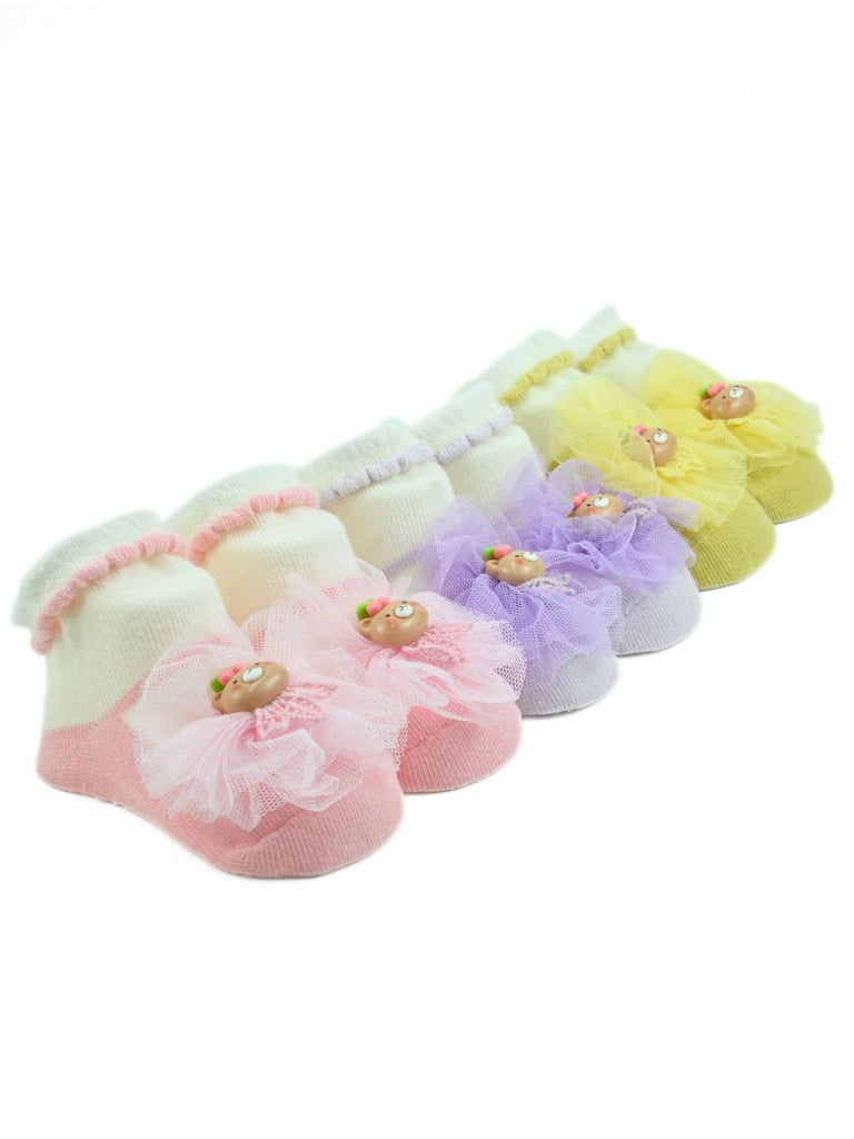 Soft Cotton Baby Girl Socks Set with Bear & Flower Design - Multi - Angle View