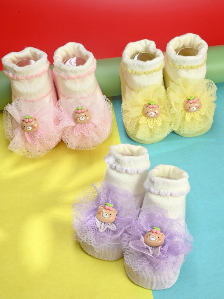 Soft Cotton Baby Girl Socks Set with Bear & Flower Design - Multi - Creative View