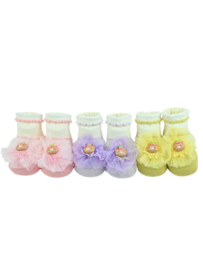 Soft Cotton Baby Girl Socks Set with Bear & Flower Design - Multi - Front View