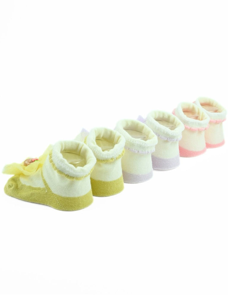 Soft Cotton Baby Girl Socks Set with Bear & Flower Design - Multi - Back View