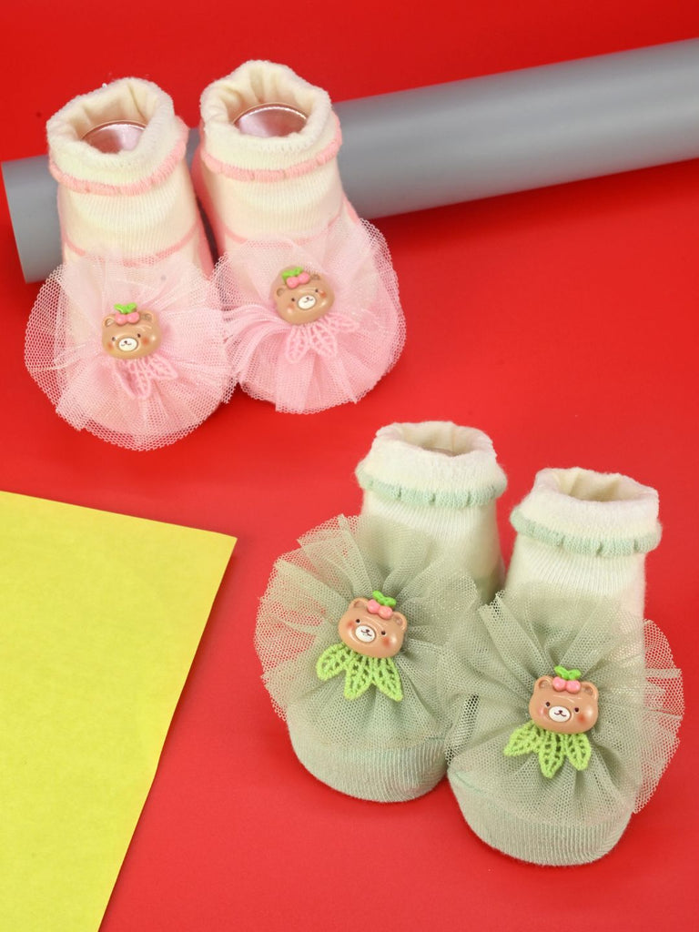 Soft Cotton Baby Socks Combo with Bear Charm & Tulle Bow for Girls – Pink & Green - Creative View
