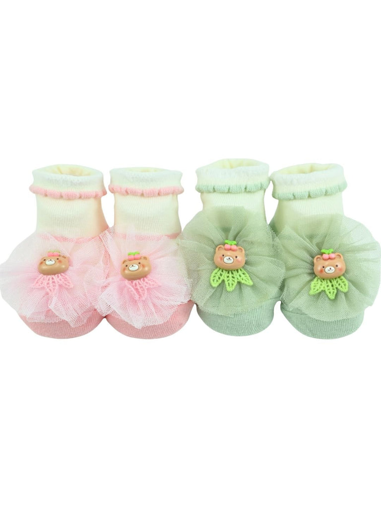 Soft Cotton Baby Socks Combo with Bear Charm & Tulle Bow for Girls – Pink & Green - Front View