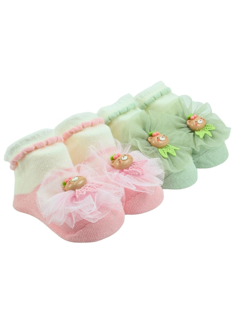 Soft Cotton Baby Socks Combo with Bear Charm & Tulle Bow for Girls – Pink & Green - Angle View
