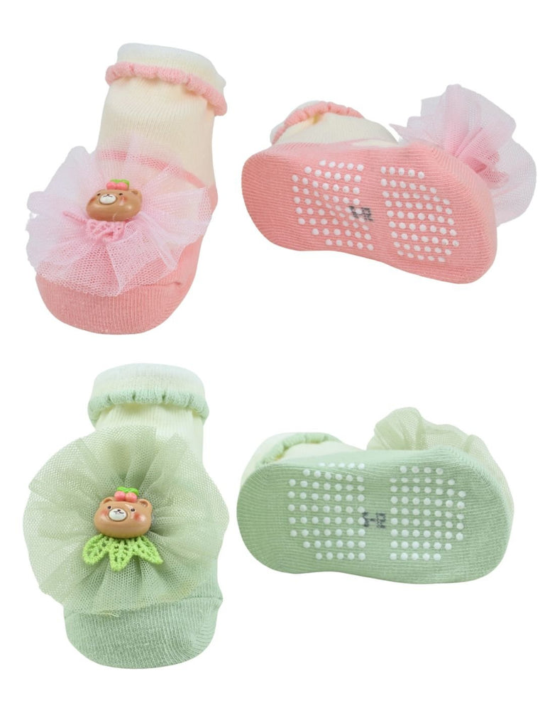 Soft Cotton Baby Socks Combo with Bear Charm & Tulle Bow for Girls – Pink & Green - Front & Back View