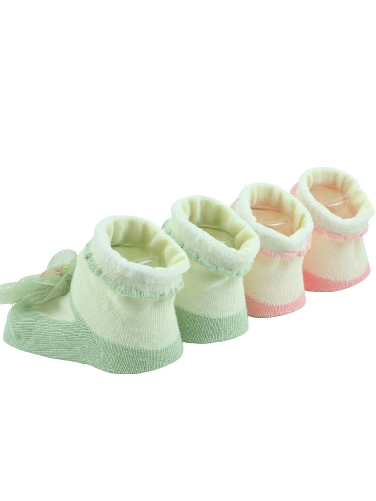 Soft Cotton Baby Socks Combo with Bear Charm & Tulle Bow for Girls – Pink & Green - Back View