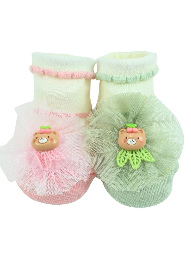 Soft Cotton Baby Socks Combo with Bear Charm & Tulle Bow for Girls – Pink & Green - Full View
