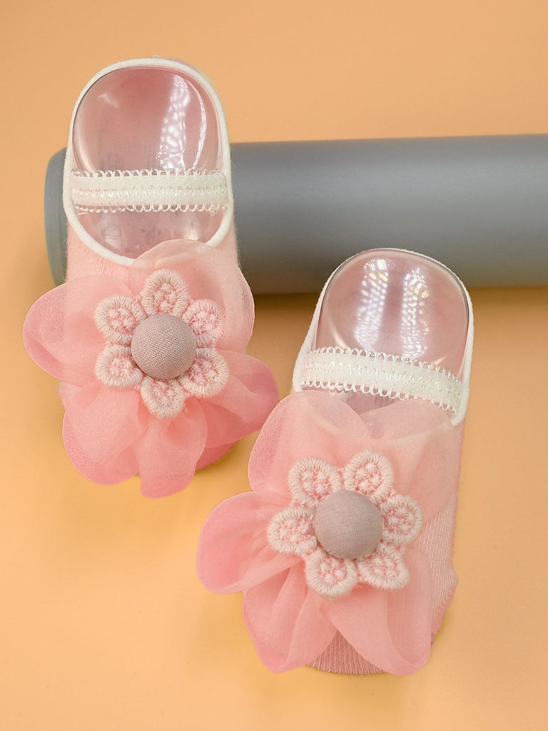 Soft Cotton Baby Socks with Elegant Flower Design for Girls - Pink- Creative View