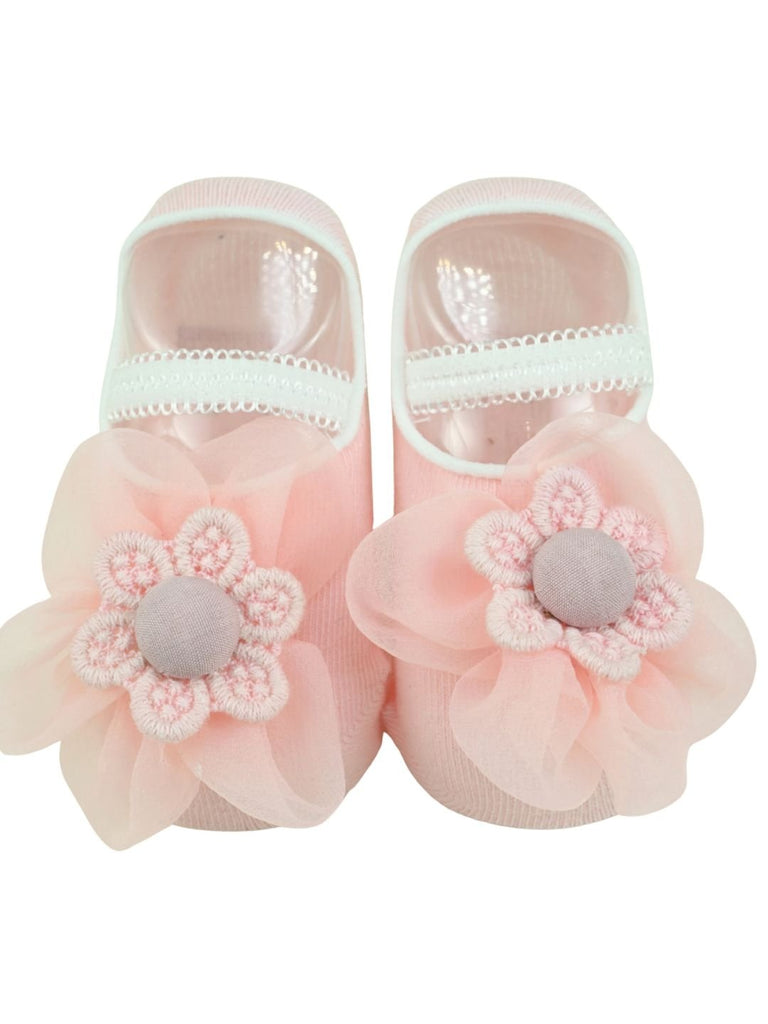 Soft Cotton Baby Socks with Elegant Flower Design for Girls - Pink-Front View