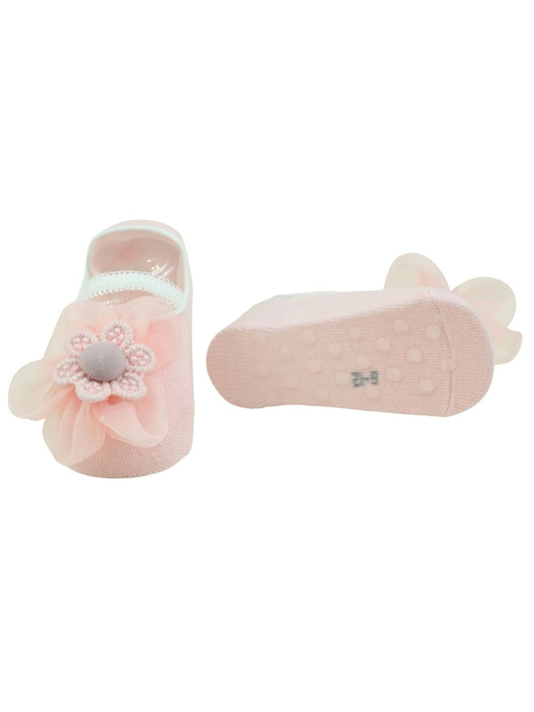 Soft Cotton Baby Socks with Elegant Flower Design for Girls - Pink-Front & Back View