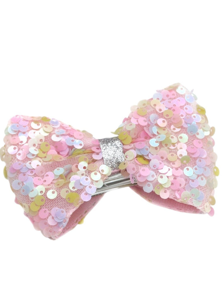 Soft Pastel Sequin Bow Hair Clip – Stylish and Elegant for Girls-Front View