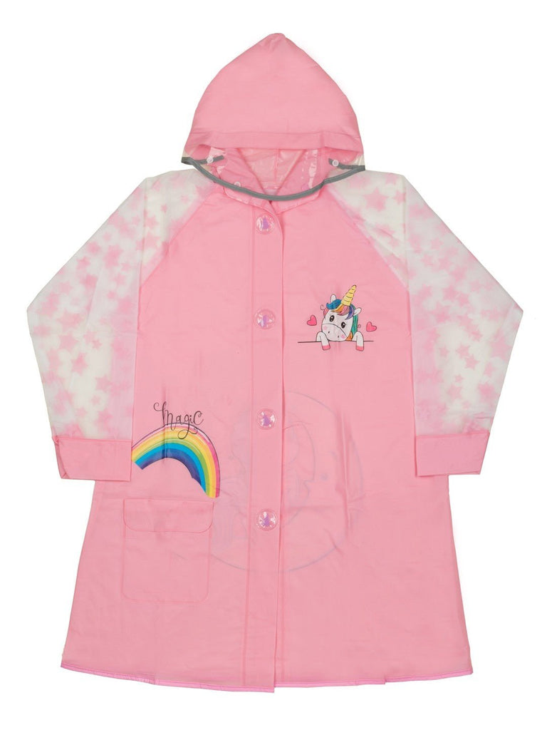  Front view of Yellow Bee Soft Pink Unicorn Raincoat for Girls showcasing the unicorn design.