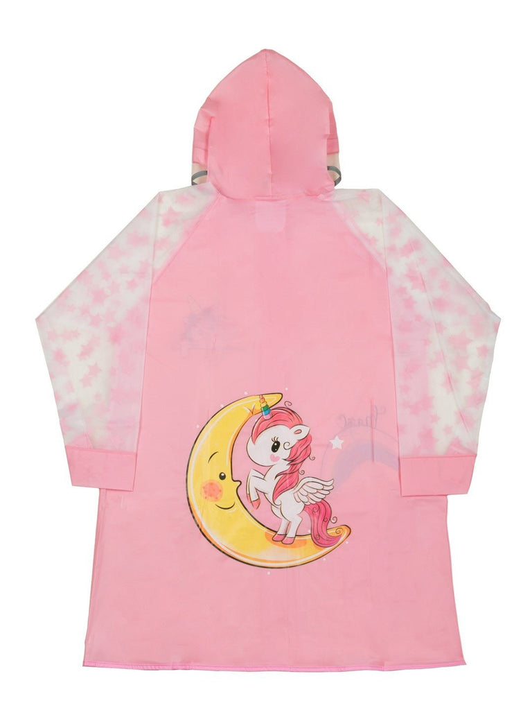 Back view of Yellow Bee Soft Pink Unicorn Raincoat for Girls.