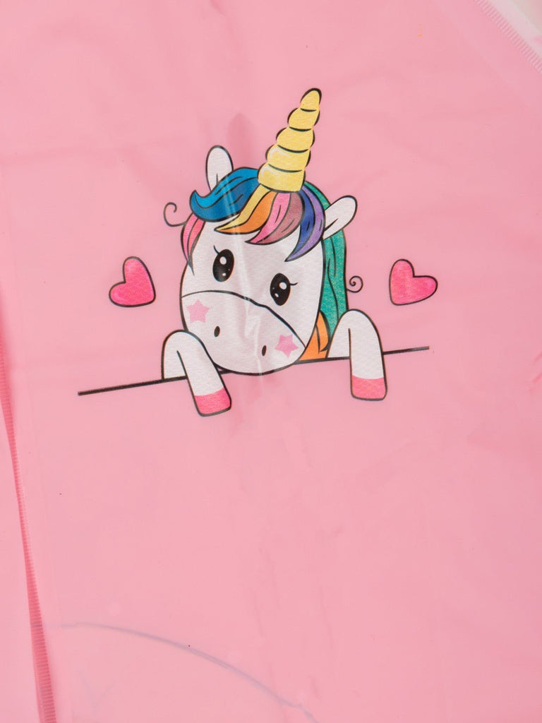 Detailed design view of the unicorn graphic on the Yellow Bee Soft Pink Unicorn Raincoat for Girls.
