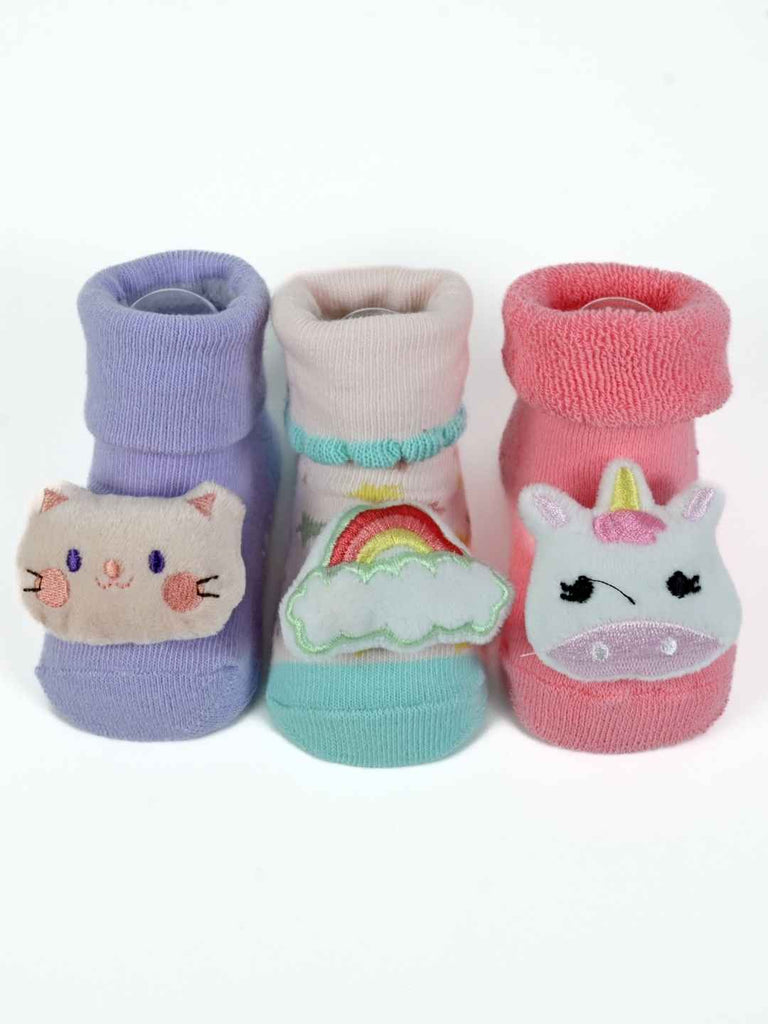 Soft & Sparkly Baby Socks – 3D Plush Rainbow, Cat, and Unicorn Designs in Pastel Tones-Front View